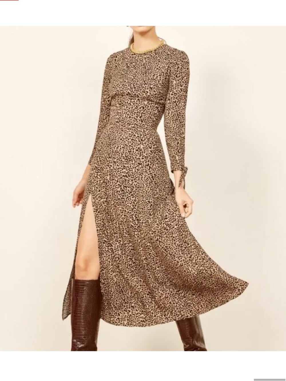 Reformation Brown Printed Long Sleeve Midi Dress